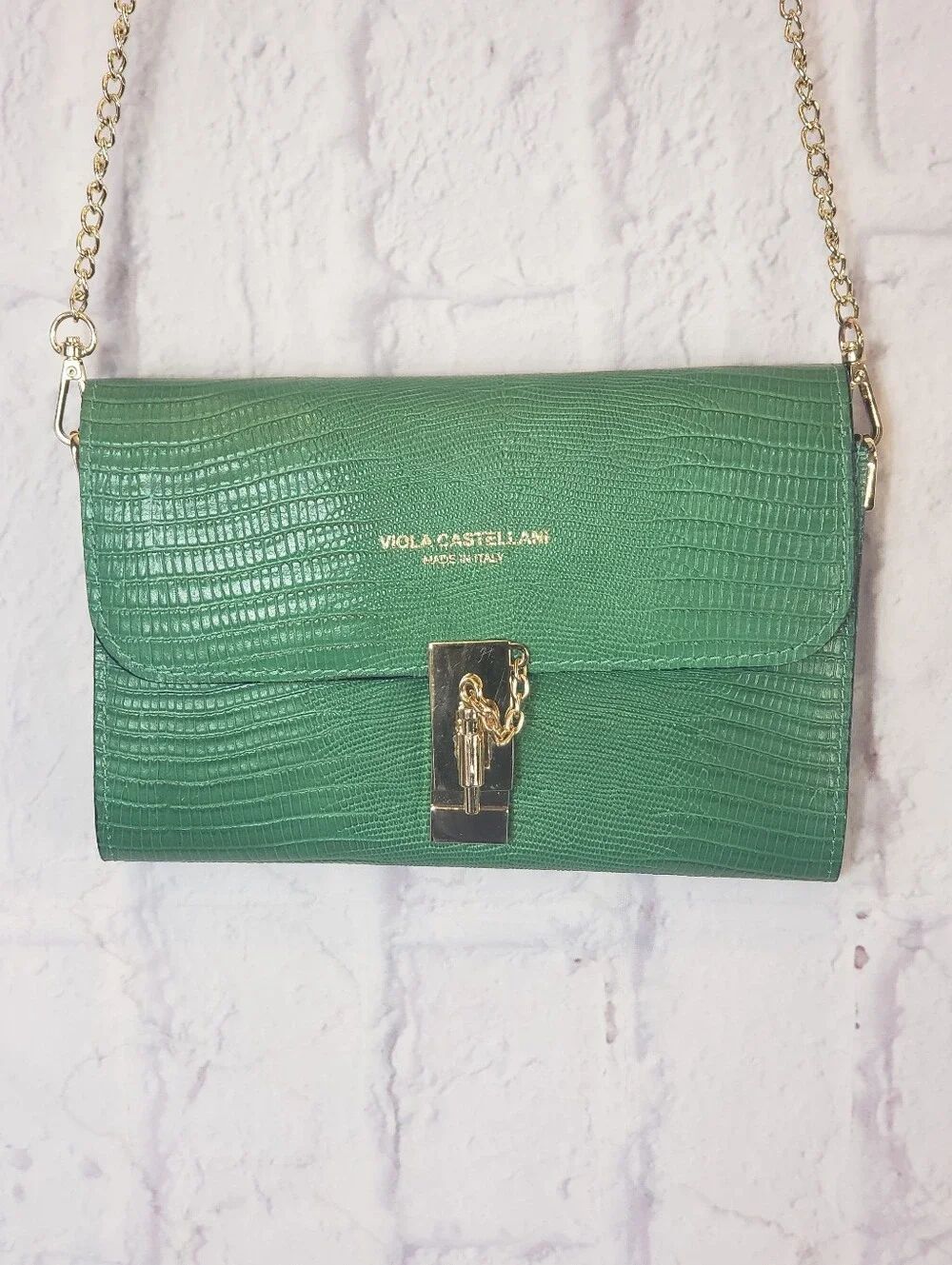 VIOLA CASTELLANI Green Lizard Embossed Coated Leather Crossbody/Clutch